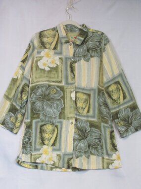 Jams World Womens Multi Color Floral Print Rayon Button Up Side Slits Shirt L